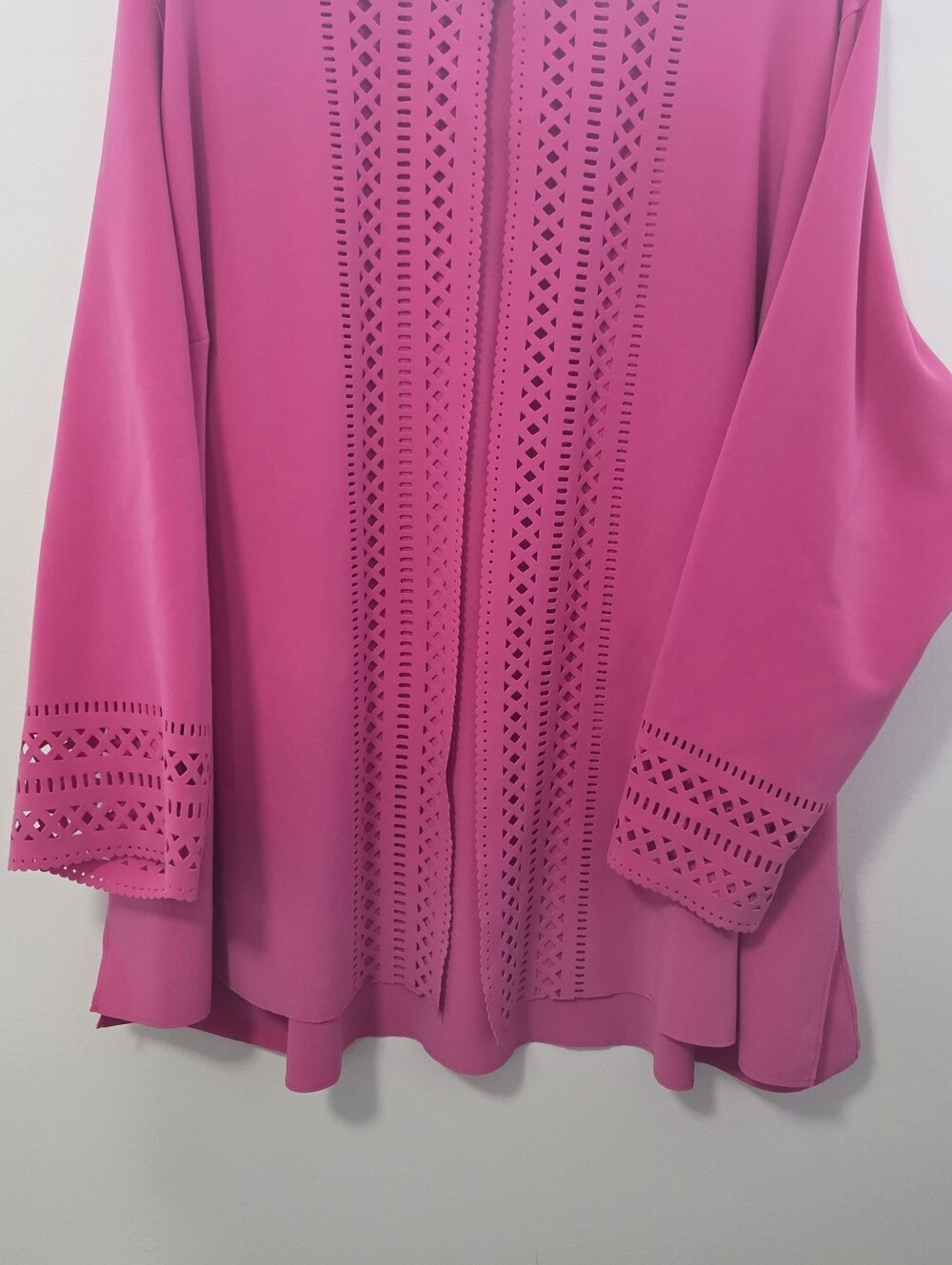 Susan Graver Bright Fuchsia Long-Sleeve Cardigan with Laser-Cut Cuffs